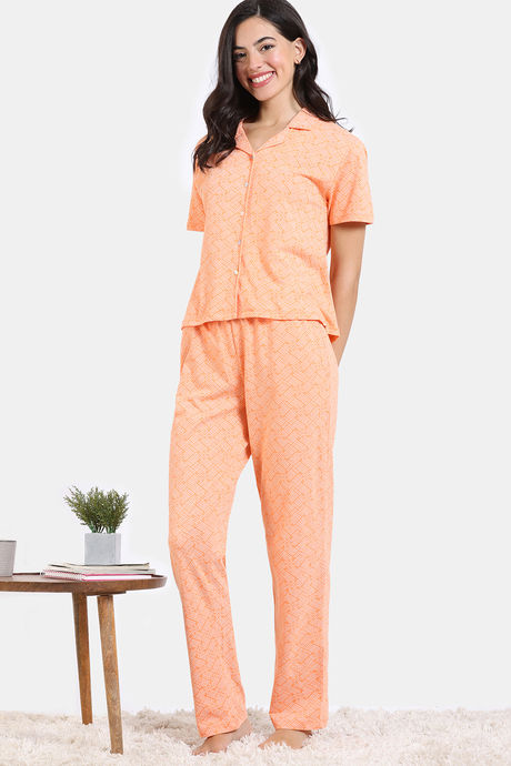 Zivame Pixel Play Knit Cotton Pyjama Set - Mock Orange — image 3